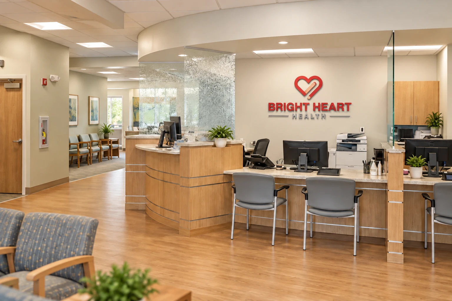 A welcoming clinic reception with the Bright Heart Health logo on the wall